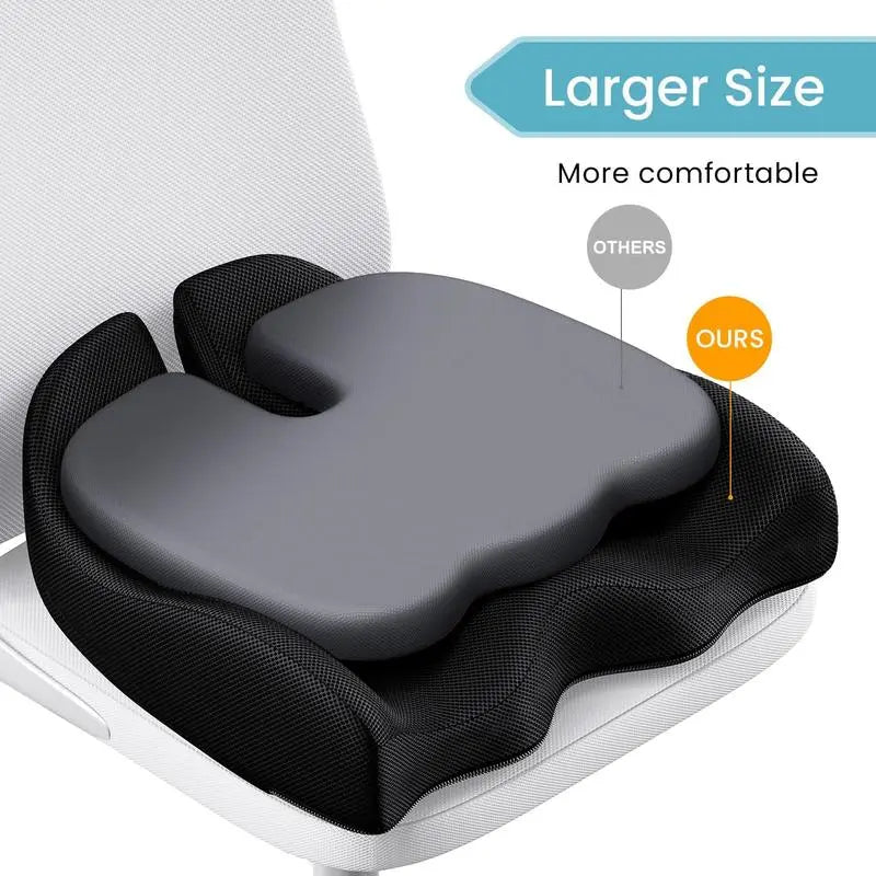Gray seat cushion on a chair with text indicating 'Larger Size' and 'More comfortable'.