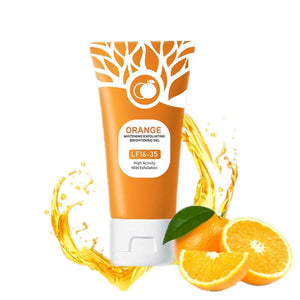 Orange-themed skincare product with oranges and juice splashes on a white background