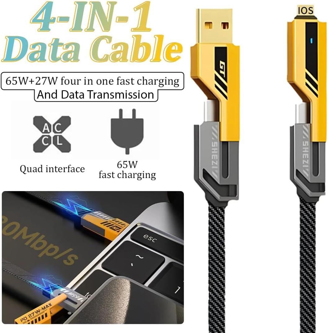 4-in-1 data cable with USB and lightning connectors on a white background