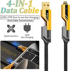 4-in-1 data cable with USB and lightning connectors on a white background
