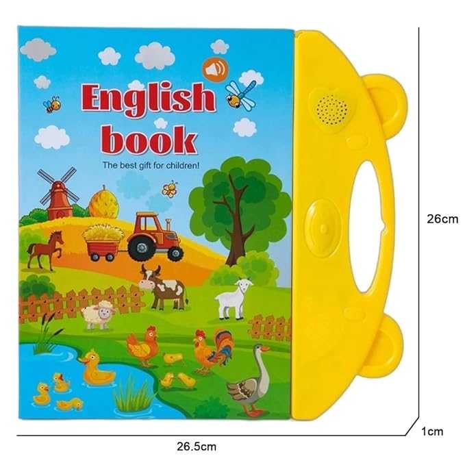 Children's English book with a yellow cover and farm-themed illustrations on a blue background.