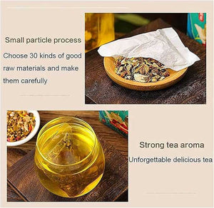 Tea-making process with tea leaves and brewed tea on a wooden surface.