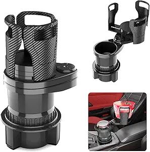 Car cup holder extender with carbon fiber design and additional cup holder attachment.