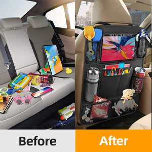 Before and after comparison of a car seat with a disorganized state and an organized state using a back seat organizer.