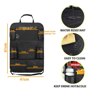 Black car seat organizer with measurements and features on a white background