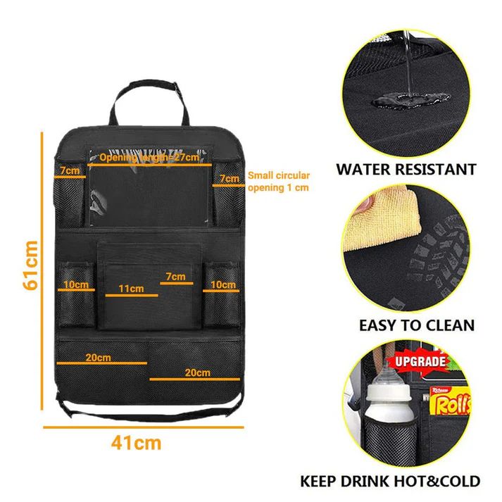 Black car seat organizer with measurements and features on a white background