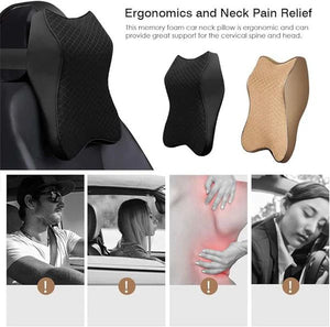 Memory foam car neck pillow with ergonomic design for neck pain relief, shown on a car seat.