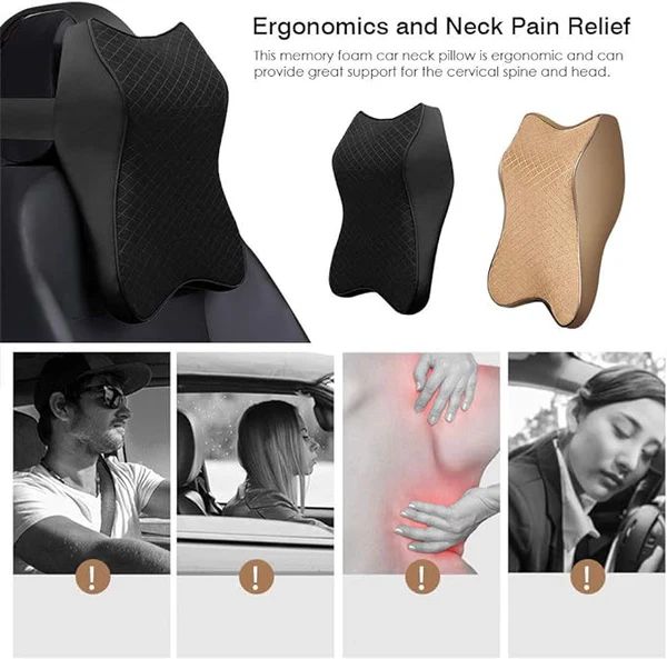Memory foam car neck pillow with ergonomic design for neck pain relief, shown on a car seat.