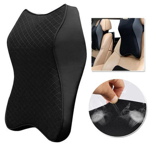 Black car neck pillow with inset images showing its use in a car and steam coming from it.