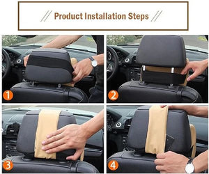 Step-by-step guide on installing a car headrest cover with hands shown in each step.