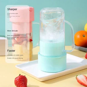 Sharper blender with packaging on a table with fruits