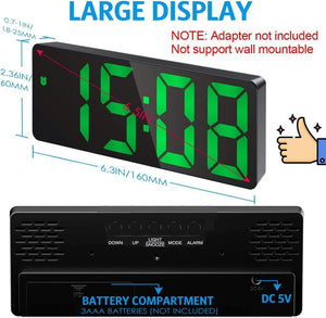 Digital clock with green LED display and detailed specifications on a white background