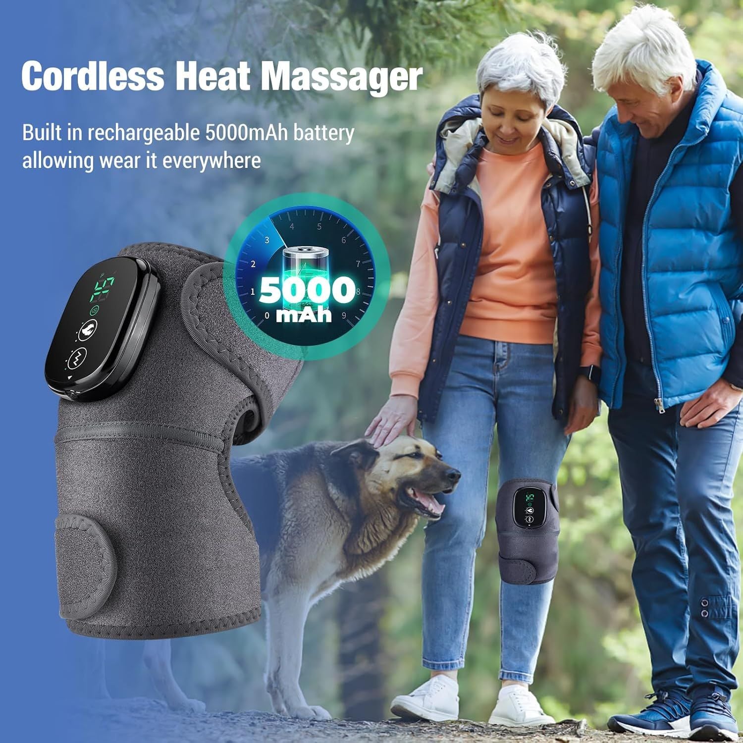 Cordless heat massager with 5000mAh battery capacity, shown with a couple and dog outdoors.