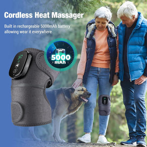 Cordless heat massager with 5000mAh battery capacity, shown with a couple and dog outdoors.