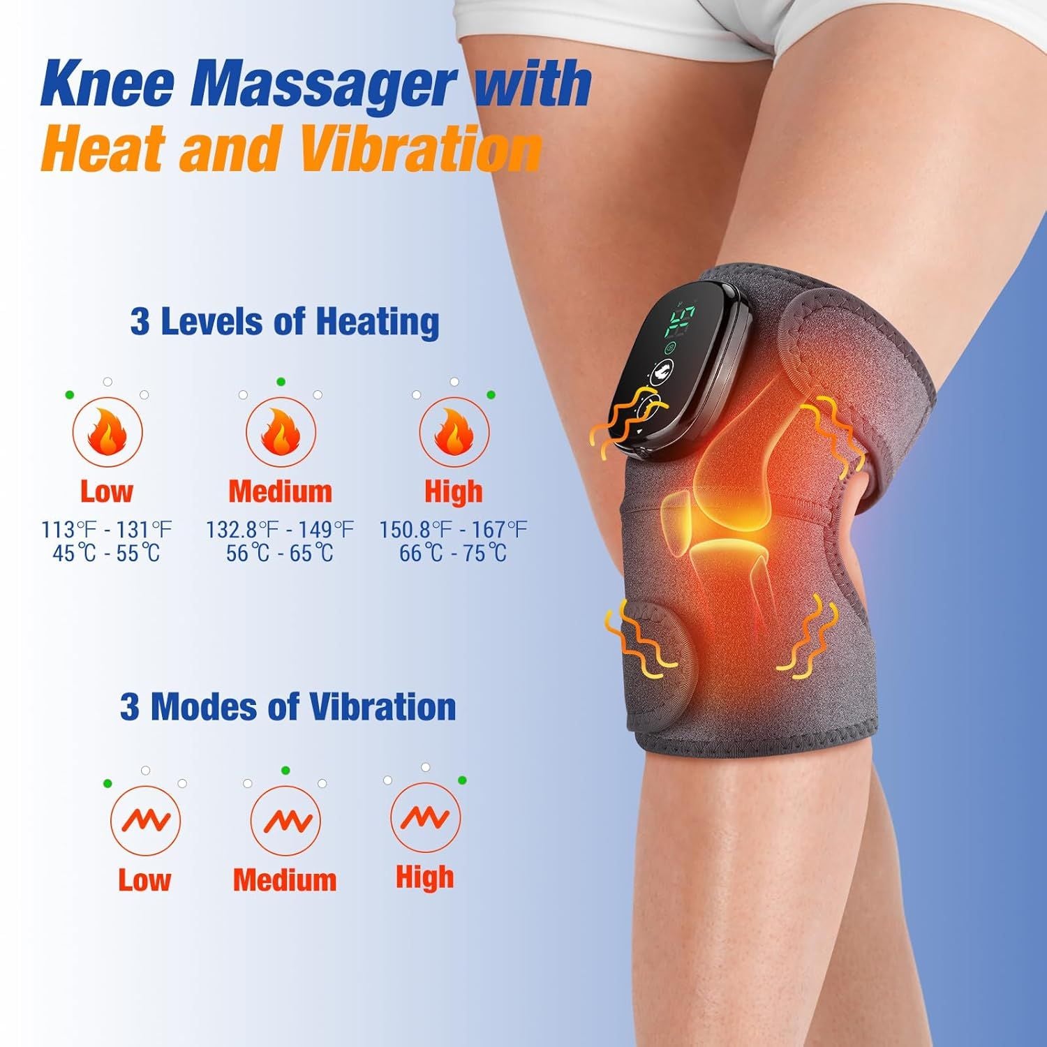 Knee massager with heat and vibration on a person's knee, showing heating levels and vibration modes.