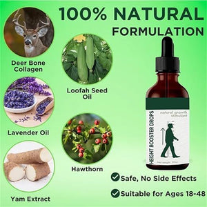 Bottle of height booster drops with natural ingredients and safety information