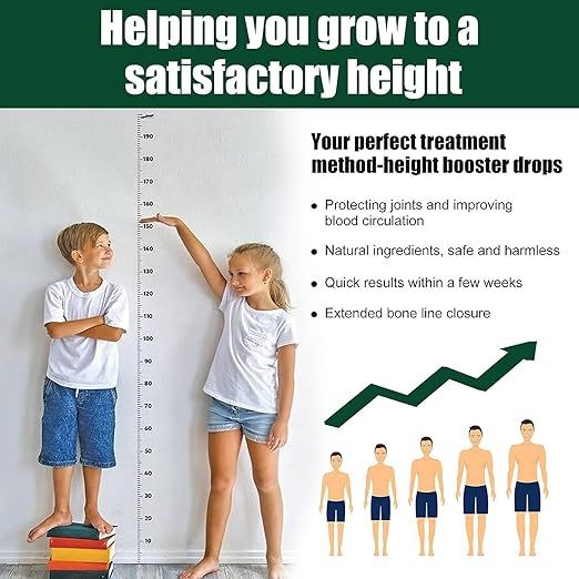 Children standing next to a growth chart with text about height booster drops.