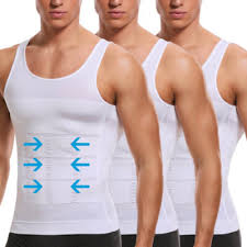Three men wearing white tank tops with blue arrows pointing to different parts of their torsos.