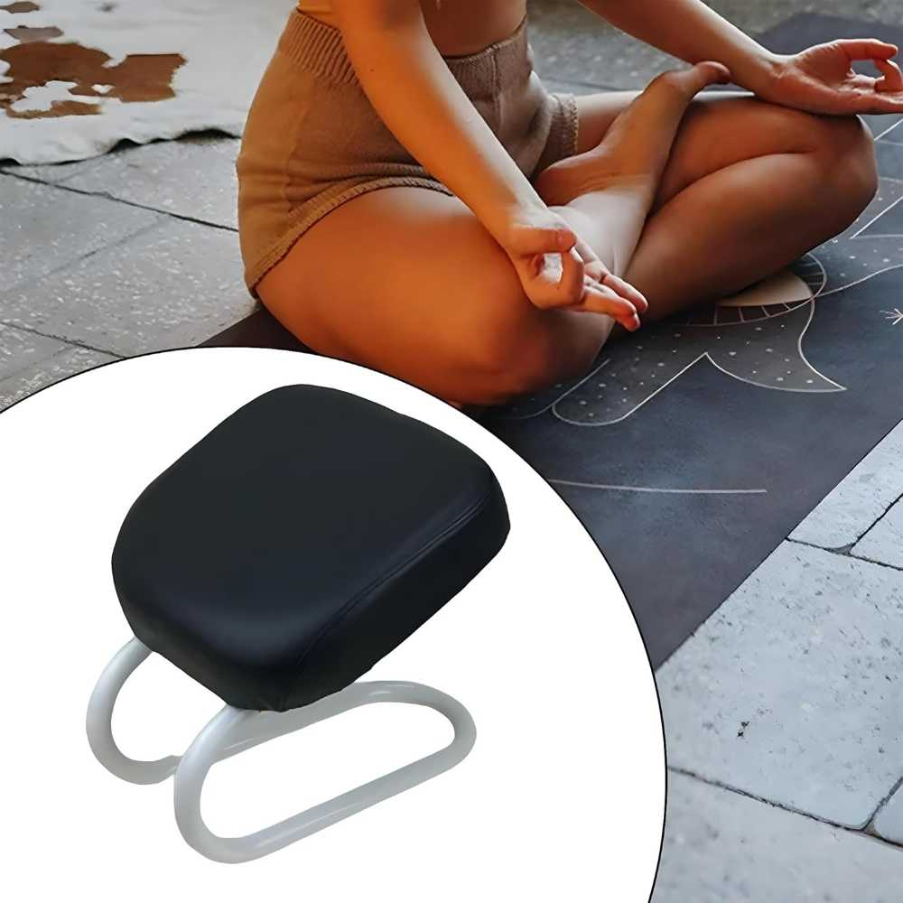 Person sitting on a yoga mat with a black and white kneeling pad inset.