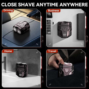Portable electric shaver shown in various settings like driving, business, home, and travel.