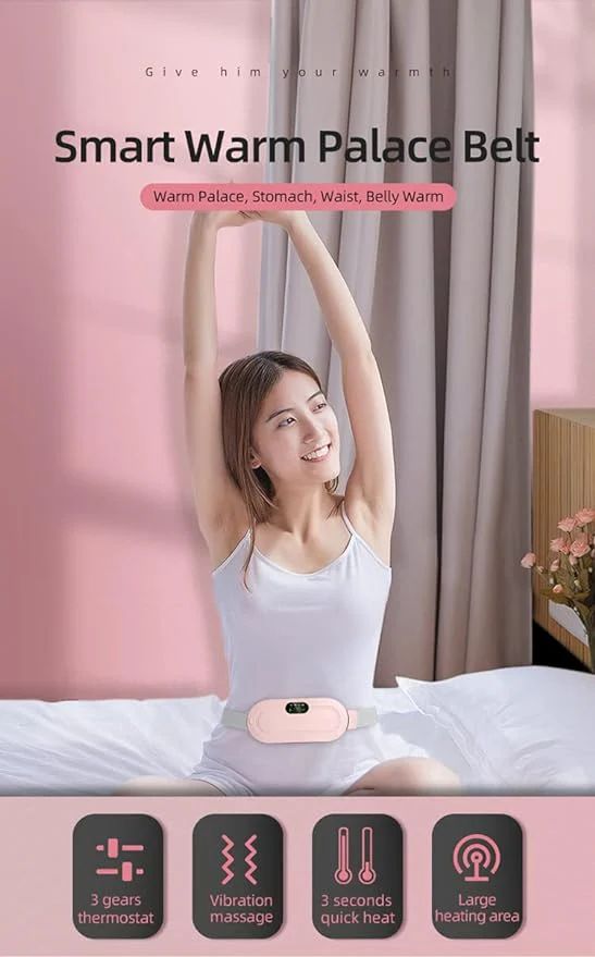 Woman wearing a 'Smart Warm Palace Belt' with product features displayed on a pink background.