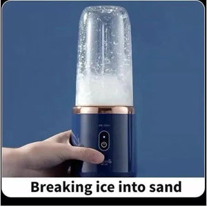 Handheld blender with a clear container filled with ice.