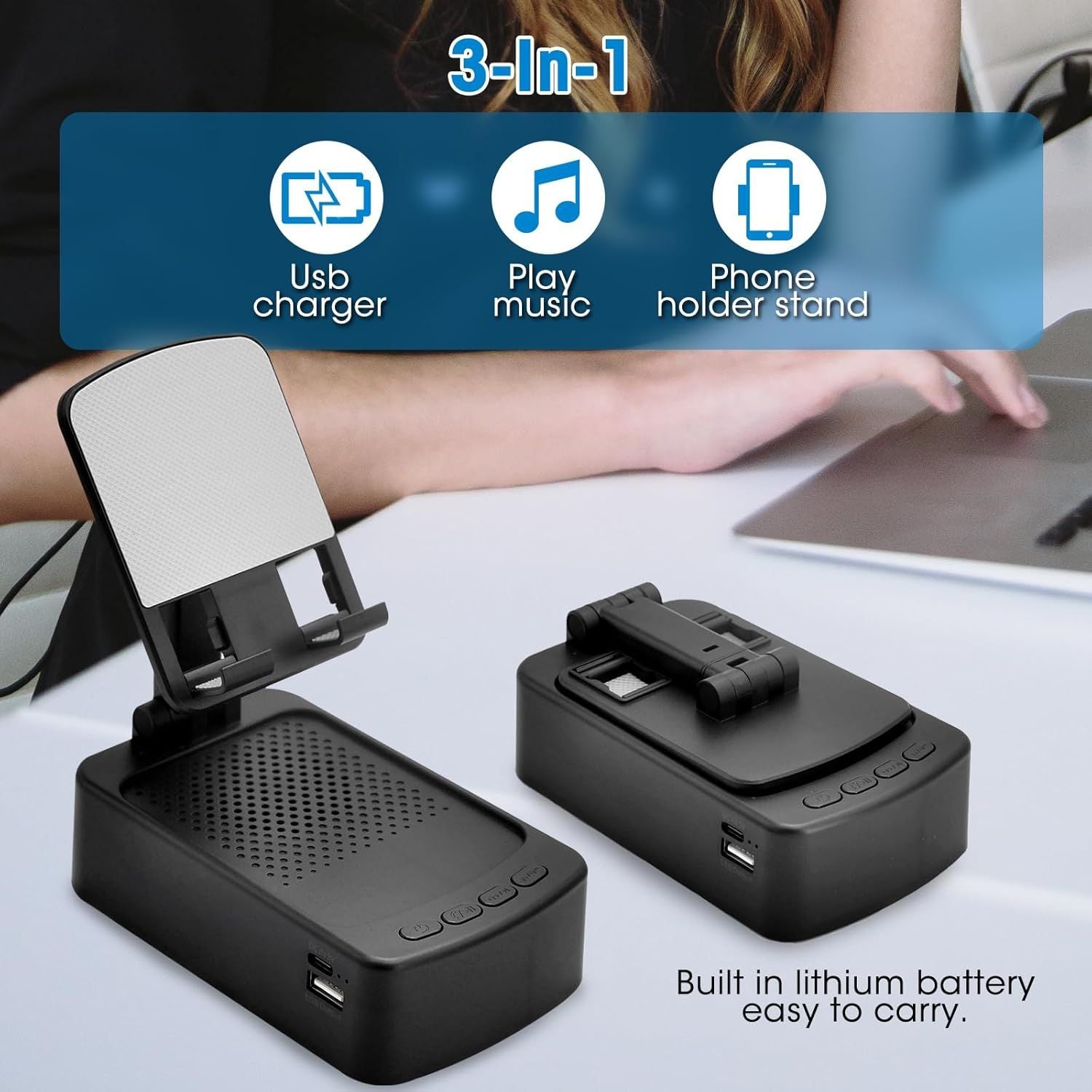 Multifunctional device with USB charger, music player, and phone holder stand on a white surface.
