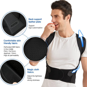 Man wearing a black back support brace with close-up details on fabric and design.