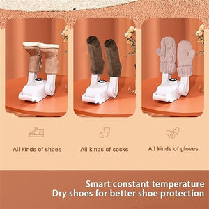 Three stages of using a shoe dryer with text indicating it dries all kinds of shoes, socks, and gloves.