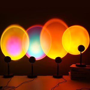 Colorful light displays on stands against a dark background