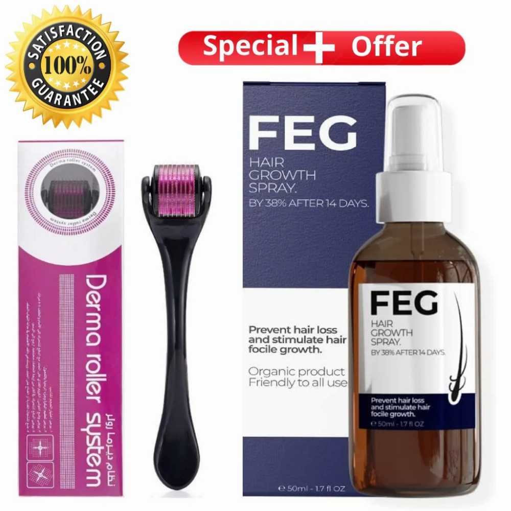 FEG hair growth products including a spray bottle, roller, and box on a white background with promotional text.