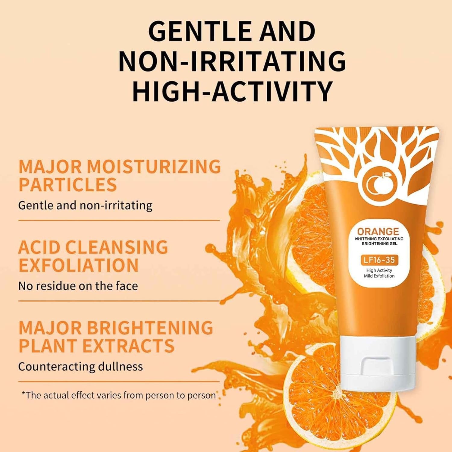 Orange skincare product with text highlighting its benefits on a peach background