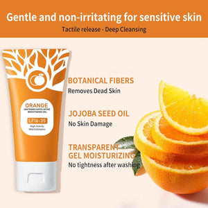 Orange skincare product with botanical fibers and jojoba seed oil, shown with sliced oranges.