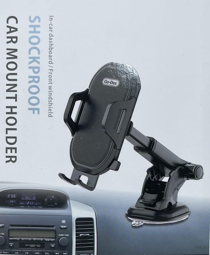 Car mount holder with suction cup on a car dashboard.