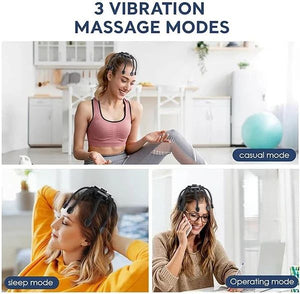 Woman using a device with vibration massage modes in casual, sleep, and operating modes.