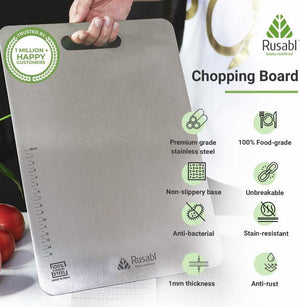Stainless steel chopping board close-up of surface