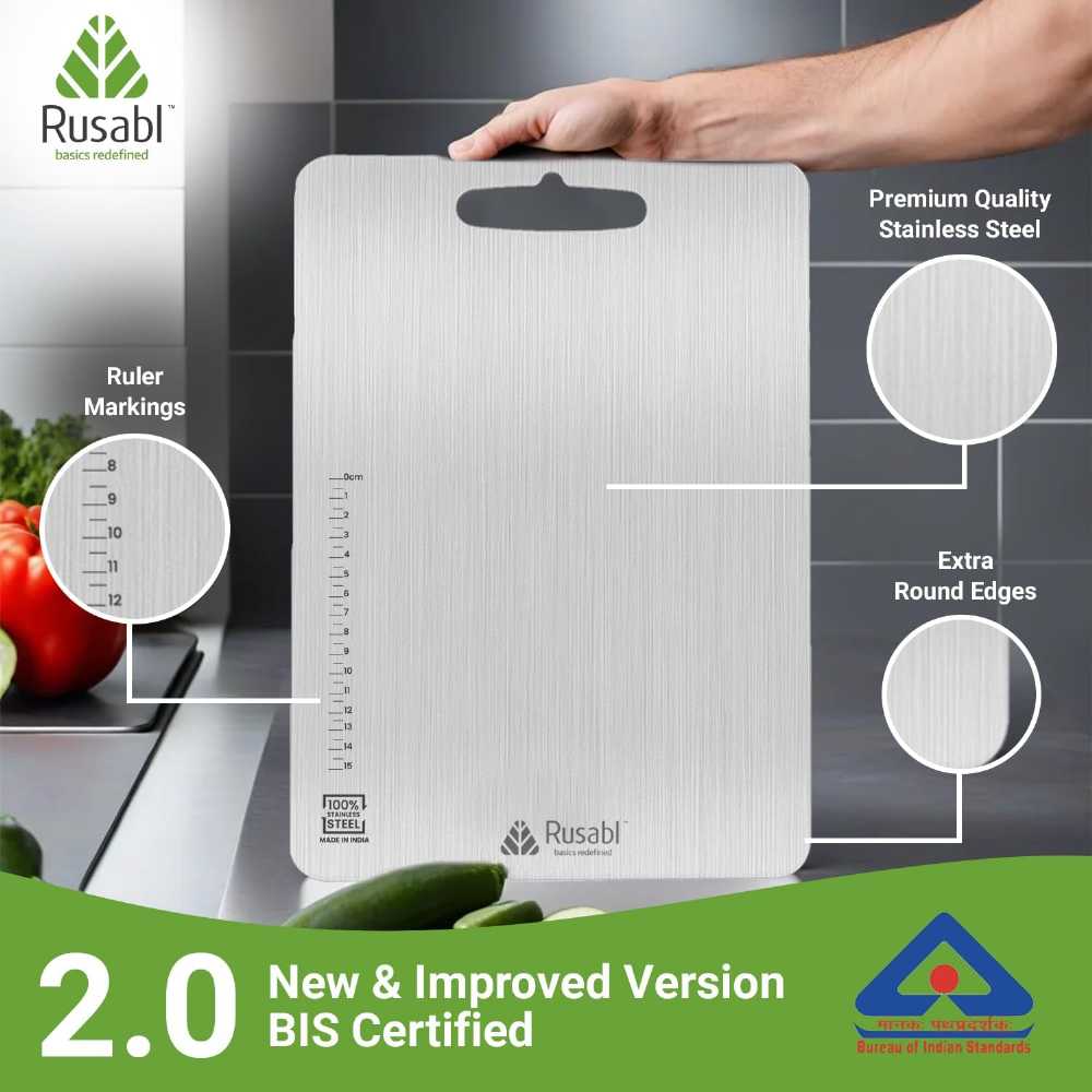Stainless steel chopping board for kitchen, front view