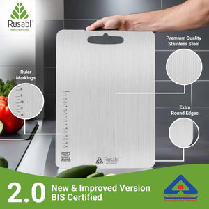 Stainless steel chopping board for kitchen, front view