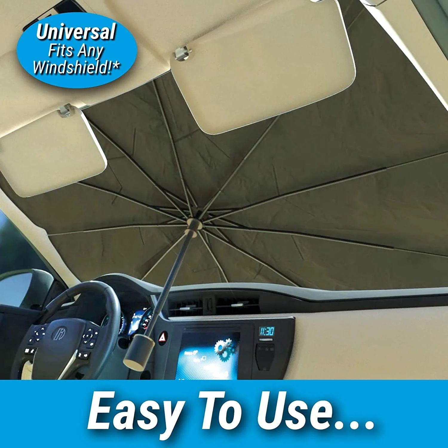 Car-mounted umbrella with text indicating it fits any windshield and is easy to use.