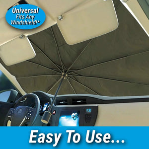 Car-mounted umbrella with text indicating it fits any windshield and is easy to use.