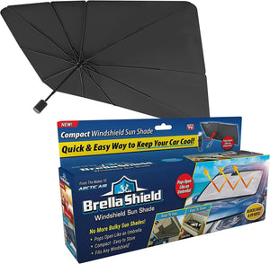 Black windshield sun shade with Brella Shield packaging on a white background