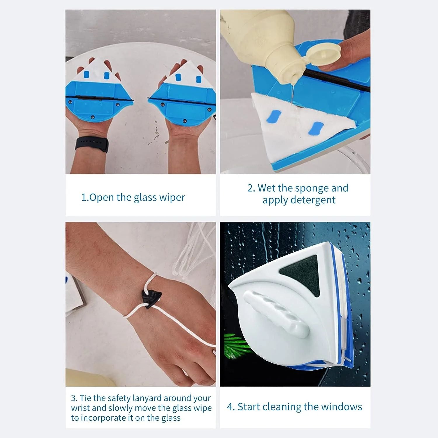 Step-by-step guide on using a glass cleaning tool with images and text instructions.