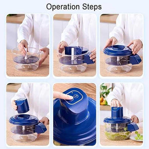 Step-by-step guide on using a kitchen tool with images of hands operating it.