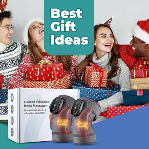 Heated vibration knee massager with people opening gifts in the background, labeled 'Best Gift Ideas'.