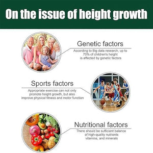 Infographic on height growth factors including genetic, sports, and nutritional aspects.
