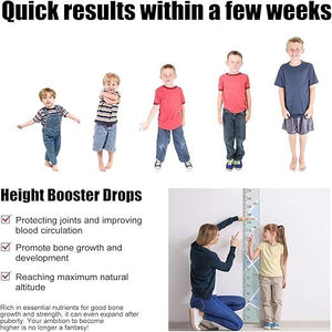 Children of different heights with text about height booster drops and their benefits.