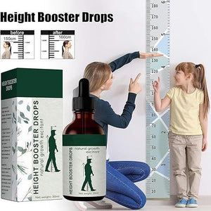 Height booster drops with packaging and a child measuring height against a ruler.