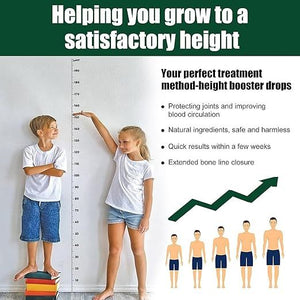 Children standing next to a growth chart with text about height booster drops.