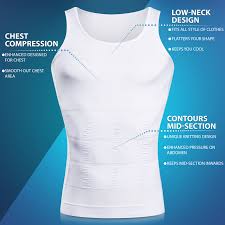 White compression shirt with text detailing features on a blue background