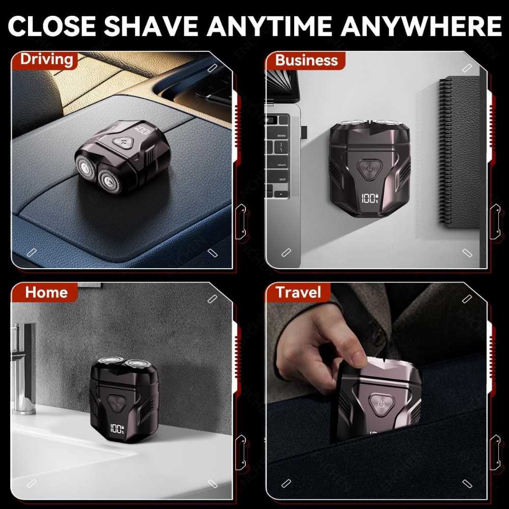 Portable electric shaver shown in various settings like driving, business, home, and travel.